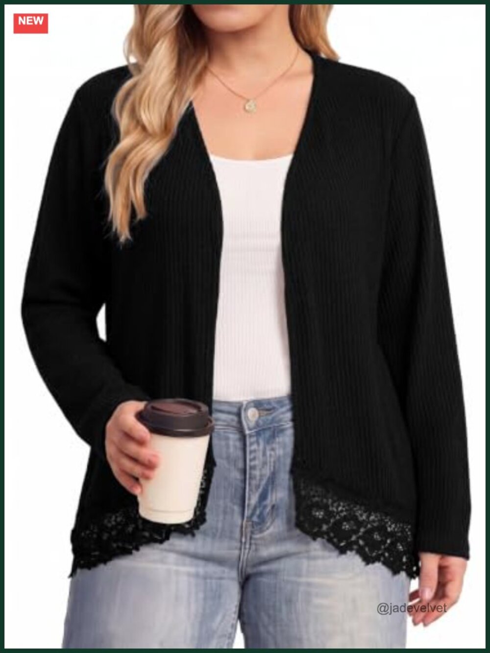Plus Size Lightweight Ribbed Knit Cardigan Lace Hem Open Front